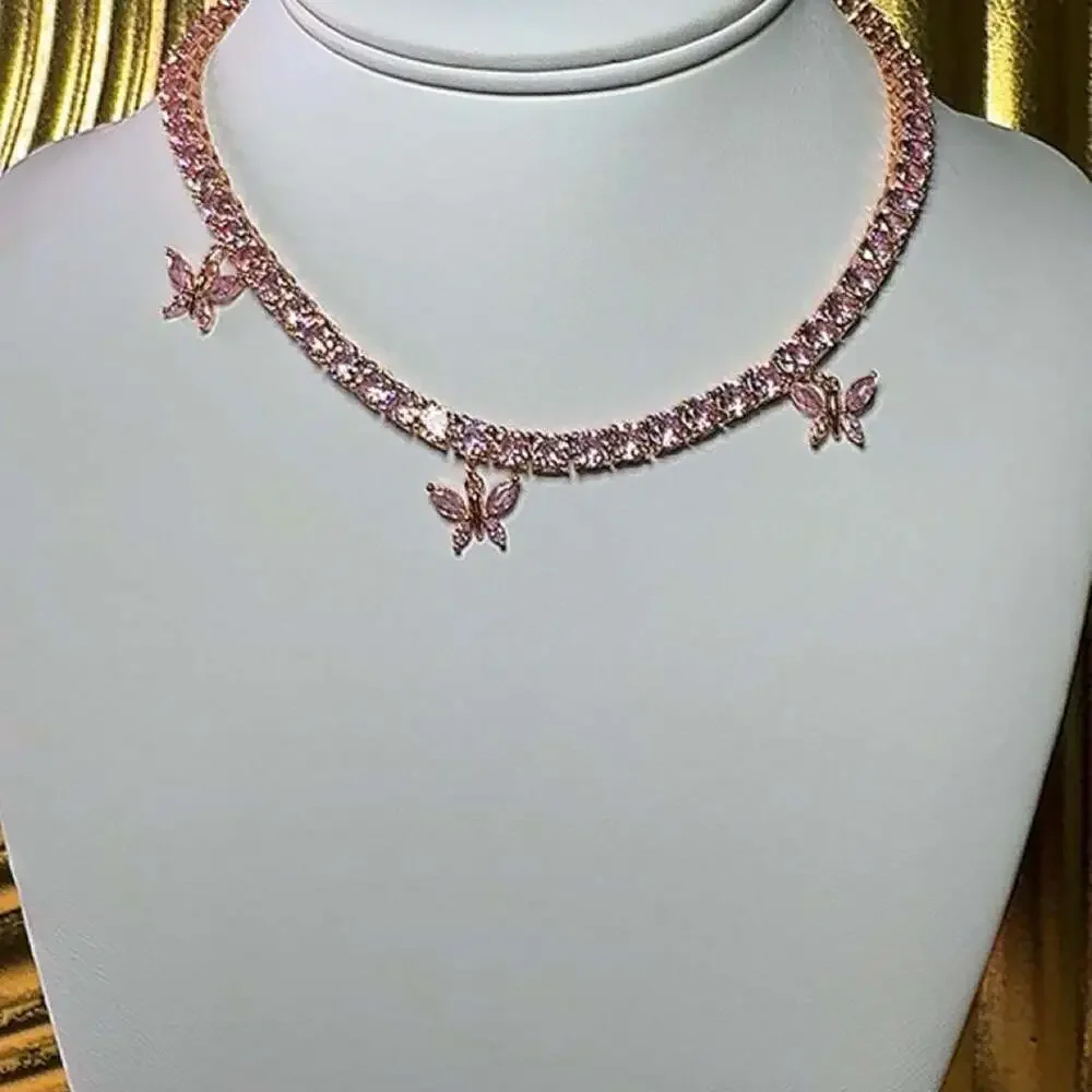 Pink Tennis Necklace With Butterfly